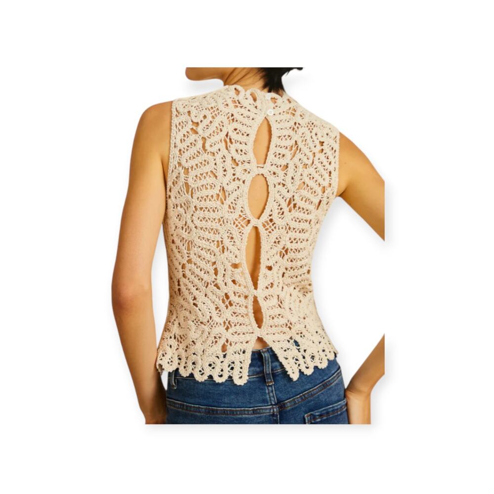 Commense Cream Crochet Knit Sleeveless Top XL US 12 NWT Cotton Open Back